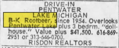 Shorts Drive-In (B&K Root Beer, Allens Root Beer, B-K Root Beer, BK Root Beer) - Jul 1973 Pentwater Location For Sale